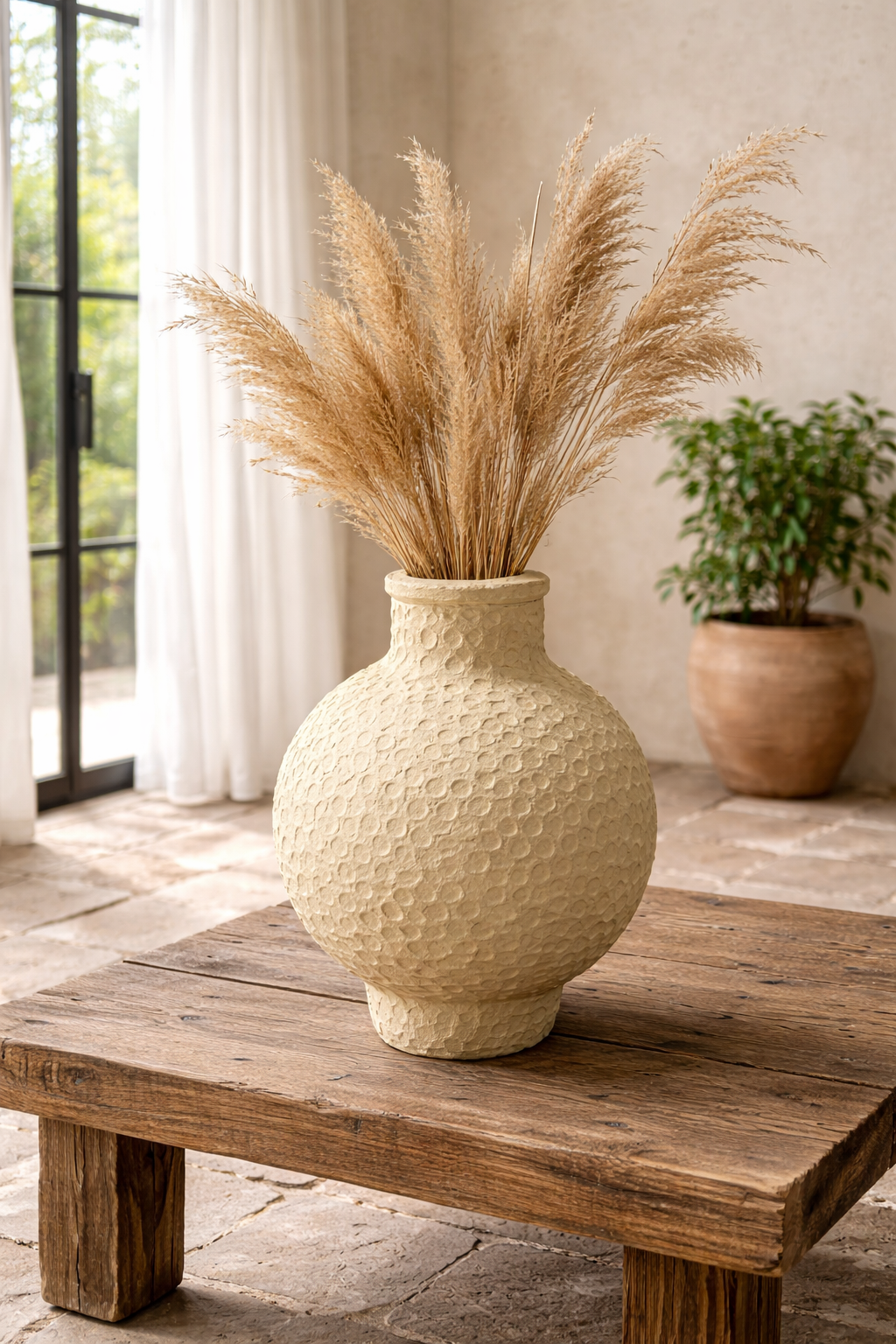 Lifestyle image of a handmade papier-mâché vase Jishaa with round body and circular embossed pattern. A vintage home accessory and unique Indian decoration perfect for dried flowers or as a sculptural vintage home decor piece.