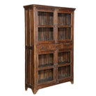 Side angle image of a refurbished antique teak wood showcase with four glass-panelled doors and two drawers – sustainable teak wood furniture combining timeless elegance and functional design.