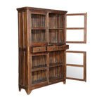 Side angle with open door image of a refurbished antique teak wood showcase with four glass-panelled doors and two drawers – sustainable teak wood furniture combining timeless elegance and functional design.