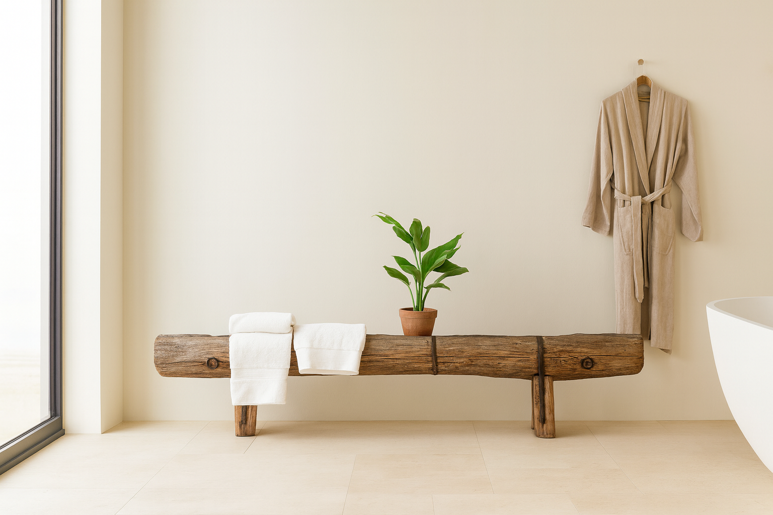 Lifestyle imagination of an antique console table repurposed from reclaimed teak wood feeding trough with carved details and iron fittings; unique furniture ideal for rustic interiors, compatible with teak wood benches, 234 × 31 × 61 cm.