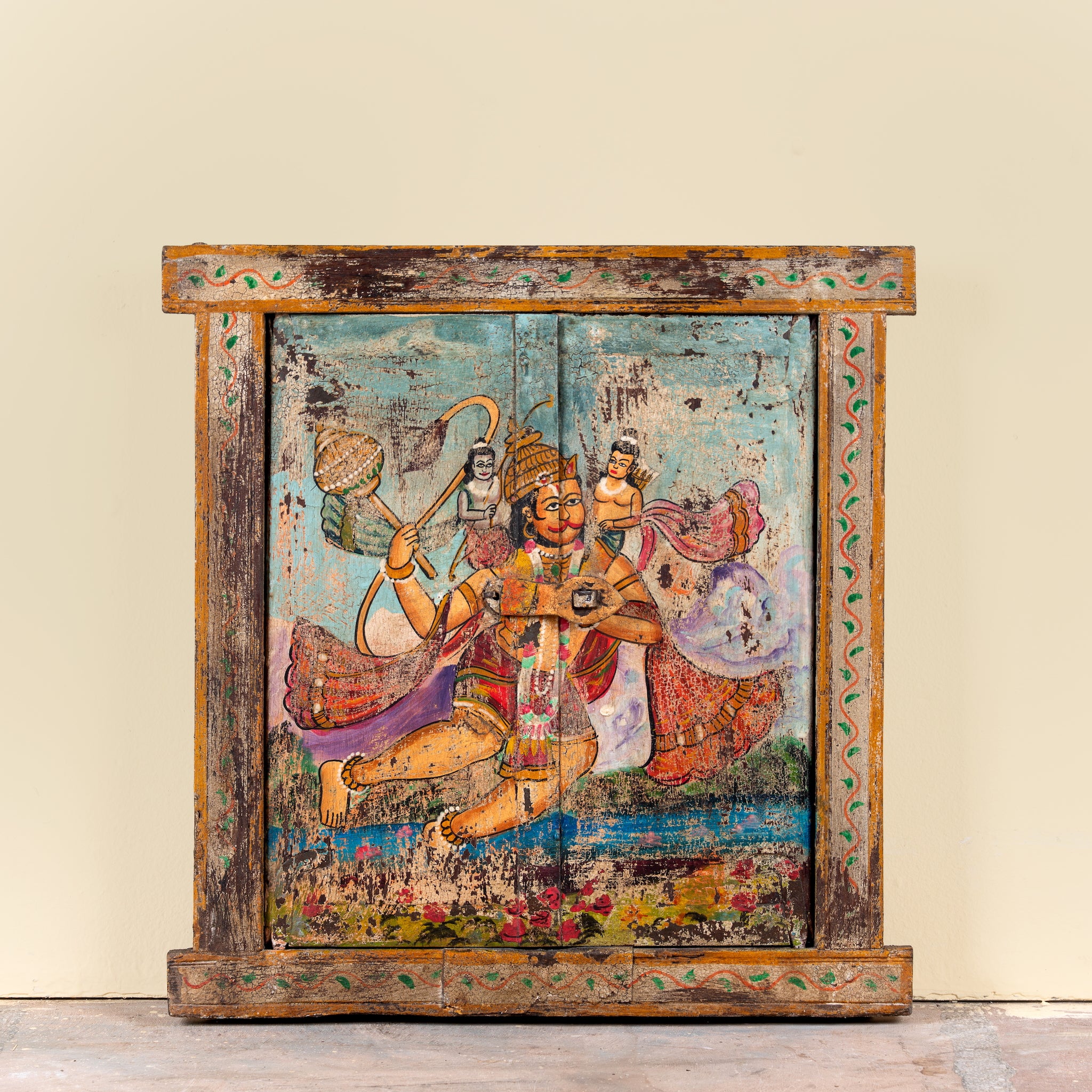 Hanuman antique reclaimed wood mirror with hand-painted Hindu artwork, authentic Indian vintage wooden mirror frame, 50x50x5cm.