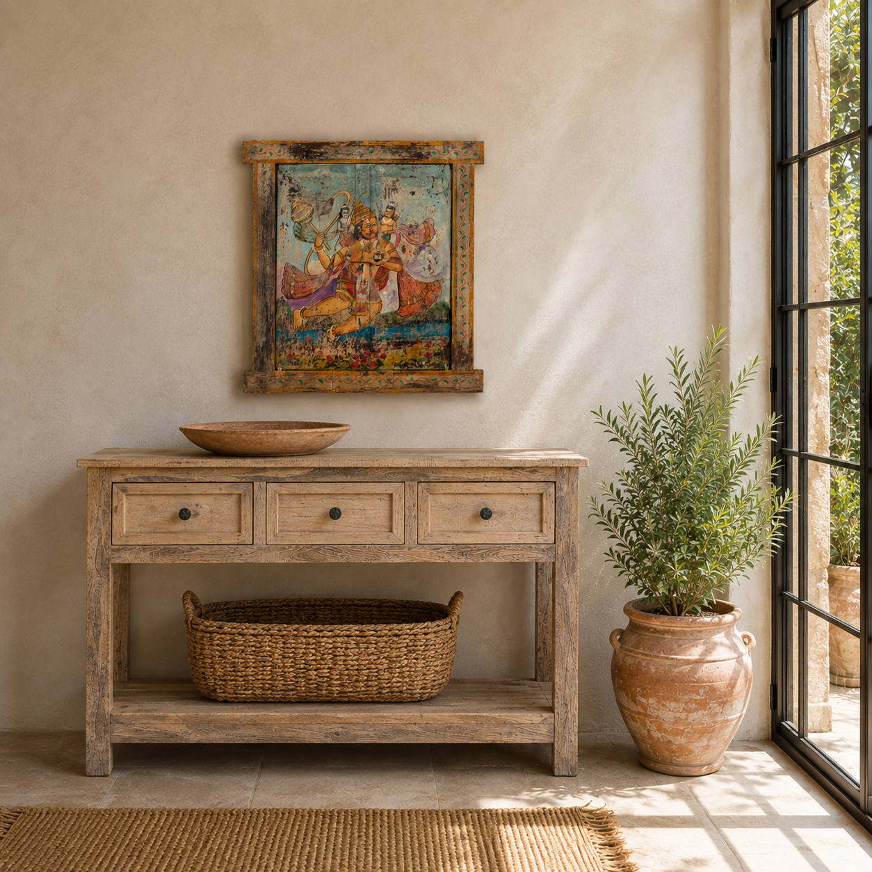Lifestyle image of a Hanuman antique reclaimed wood mirror with hand-painted Hindu artwork, authentic Indian vintage wooden mirror frame, 50x50x5cm.