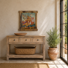 Lifestyle image of a Hanuman antique reclaimed wood mirror with hand-painted Hindu artwork, authentic Indian vintage wooden mirror frame, 50x50x5cm.
