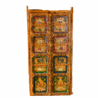 White background image of a Indian painted door decoration featuring mythological and village scenes on reclaimed teak—an artisanal Indian door panel with folk motifs and vintage patina.
