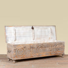 Harivansh hand carved mango wood chest with floral design and distressed vintage finish 180cm