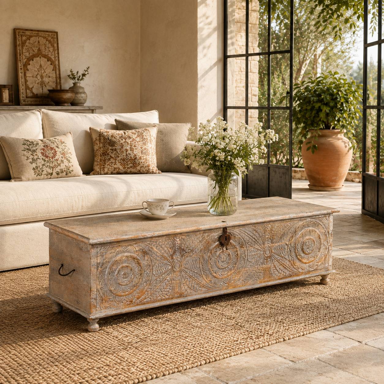 Lifestyle image of a Harivansh hand carved mango wood chest with floral design and distressed vintage finish 180cm
