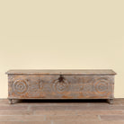 Harivansh hand carved mango wood chest with floral design and distressed vintage finish 180cm
