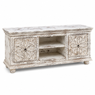 White background image of a Harsh hand carved mango wood TV unit with Indian carved doors 150cm