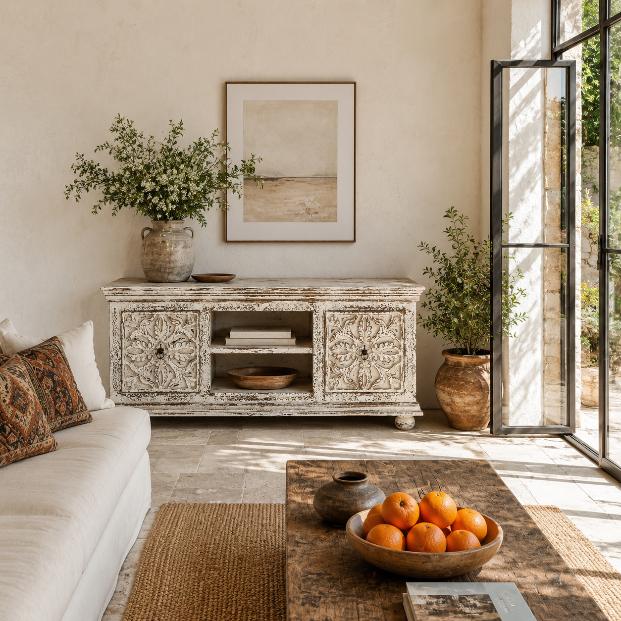 Lifestyle image of a Harsh hand carved mango wood TV unit with Indian carved doors 150cm