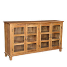 Side angle image of a recycled teak wood showcase sideboard with four glass-framed doors and six compartments – sustainable teak wood furniture offering timeless design and eco-conscious storage.