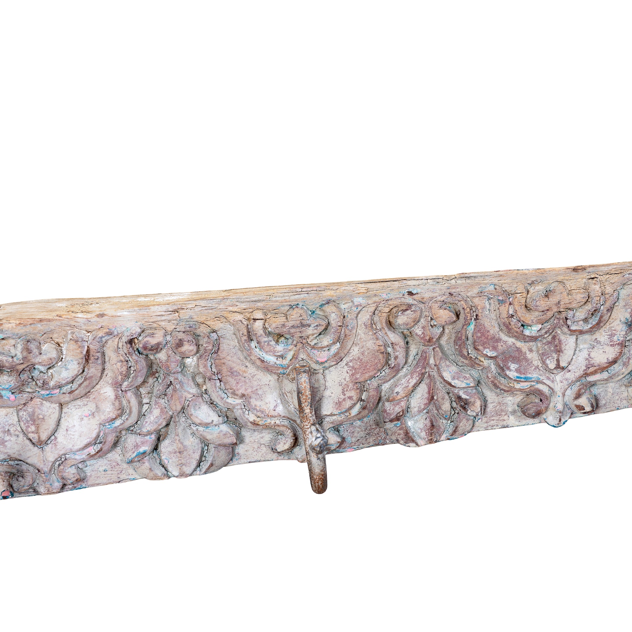 Close up image of a Haveli Hook Hanger handcrafted from an antique Indian reclaimed wood architectural element with hand-carved floral details, bleached finish and six iron hooks, 130x7x5cm.
