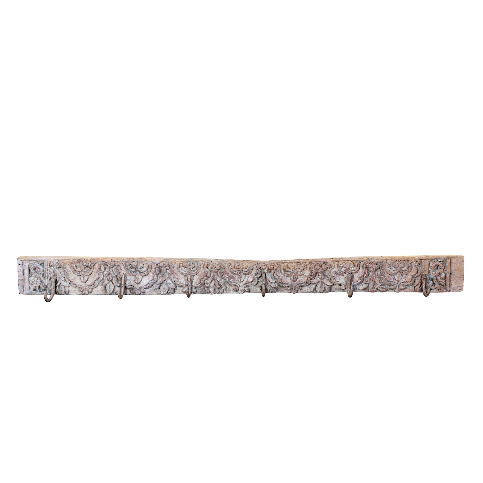 White background image of a Haveli Hook Hanger handcrafted from an antique Indian reclaimed wood architectural element with hand-carved floral details, bleached finish and six iron hooks, 130x7x5cm.