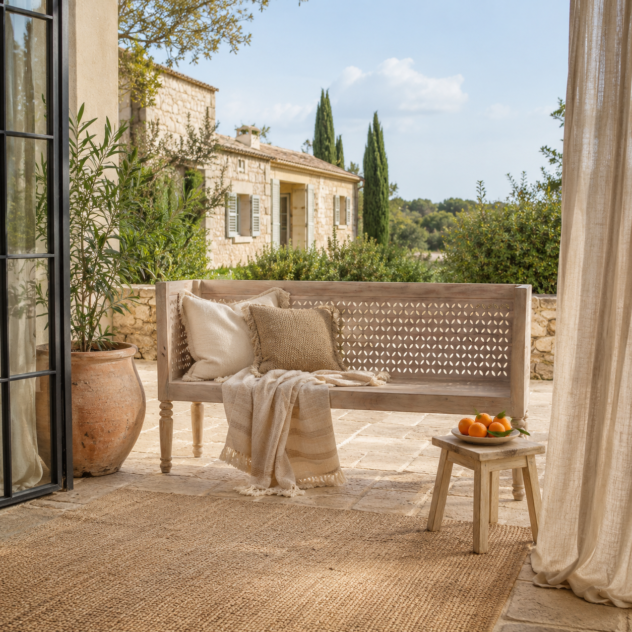 Hema sandblasted reclaimed wood bench with hand-carved geometric backrest, 176cm