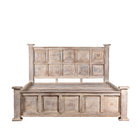 White background image of a wooden bed frame with panelled headboard and footboard, made of reclaimed wood in sandblasted Ibiza style, boho beds and bedroom furniture, 180 × 200 × 140 cm.