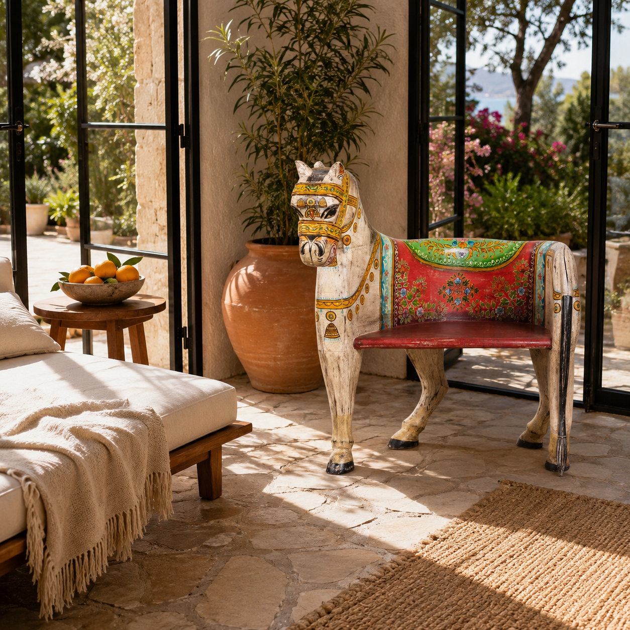 Lifestyle image of a Hand‑painted Horse Chair made from recycled teak wood with carved horse design and vibrant Indian folk art detailing, showcasing artistic and sustainable Indian furniture.