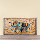 Hridaan vintage teak wood wall panel with hand-painted elephant artwork and authentic aged finish, 175x5x78cm.