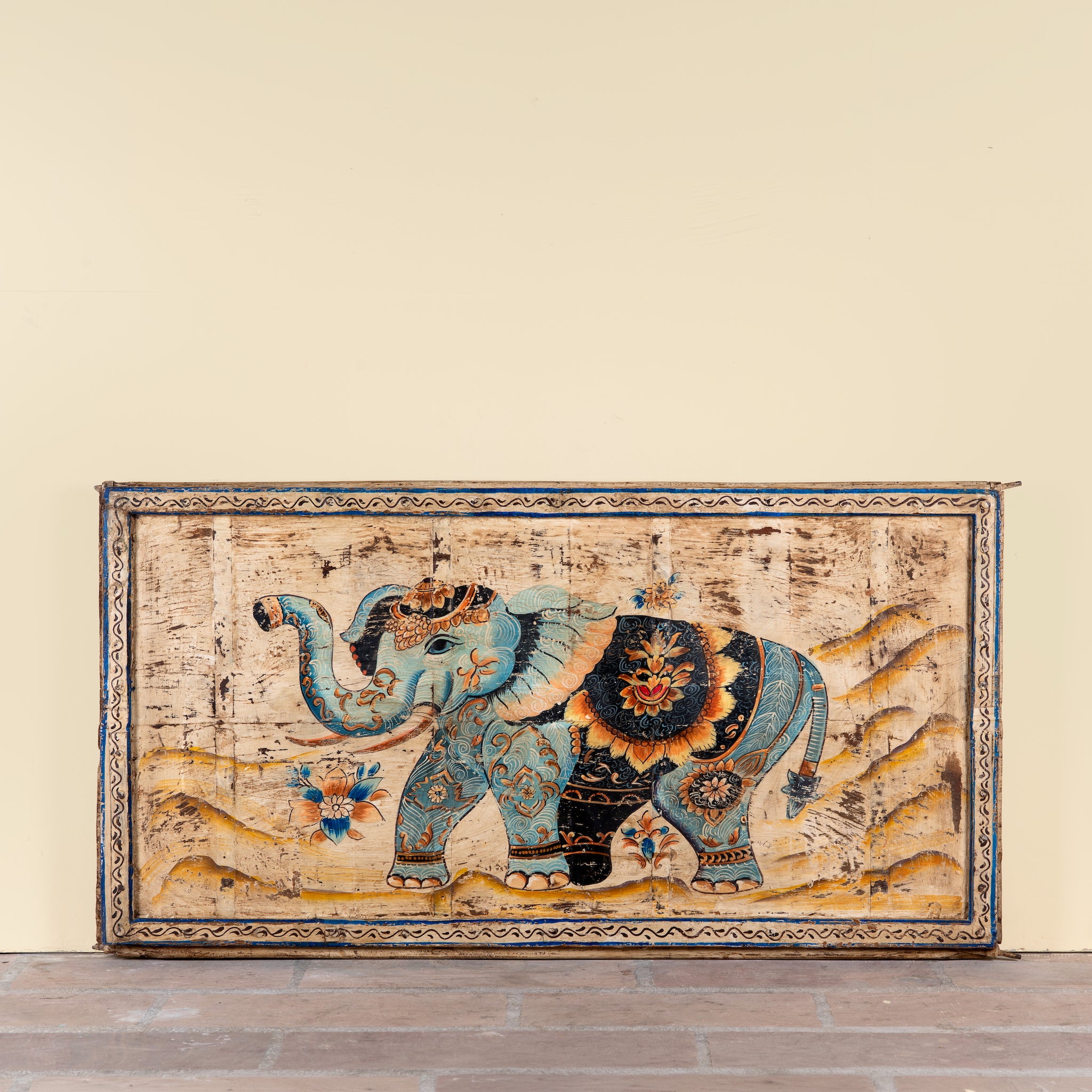 Hridaan vintage teak wood wall panel with hand-painted elephant artwork and authentic aged finish, 175x5x78cm.