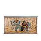 White background image of a Hridaan vintage teak wood wall panel with hand-painted elephant artwork and authentic aged finish, 175x5x78cm.
