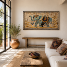 Lifestyle image of a Hridaan vintage teak wood wall panel with hand-painted elephant artwork and authentic aged finish, 175x5x78cm.