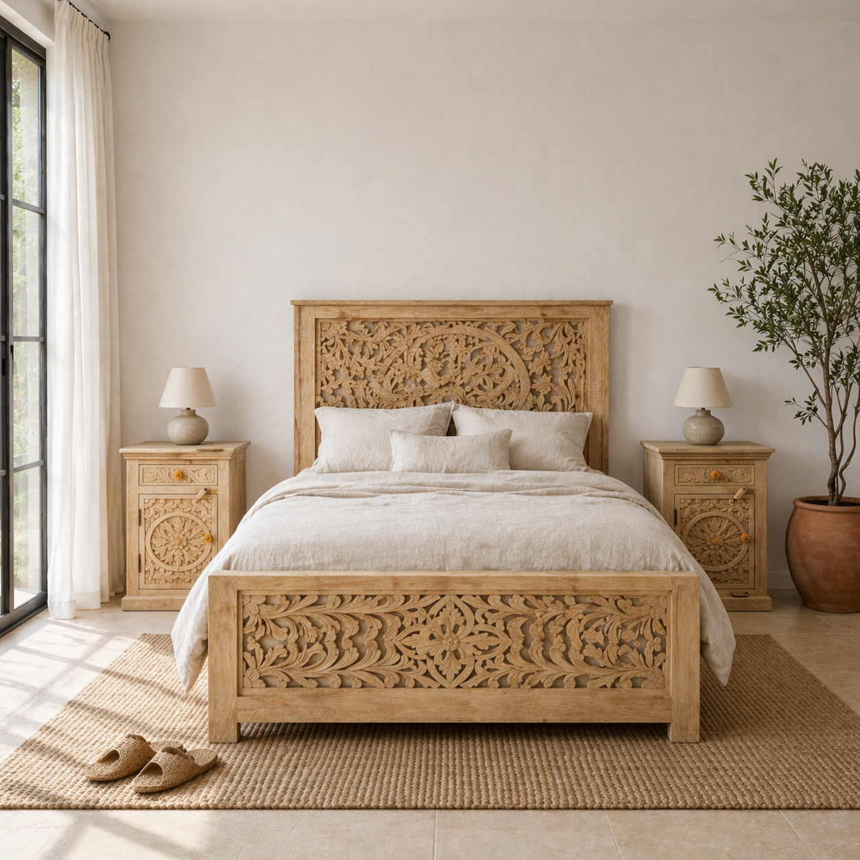 Lifestyle Image of hand-carved nightstands made of bleached mango wood with floral Mediterranean patterns and one drawer– Hriday, beside Nidhi bed Om Home & Garden
