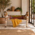 Hunar hand painted double headed horse bench crafted from reclaimed teak wood, 160cm