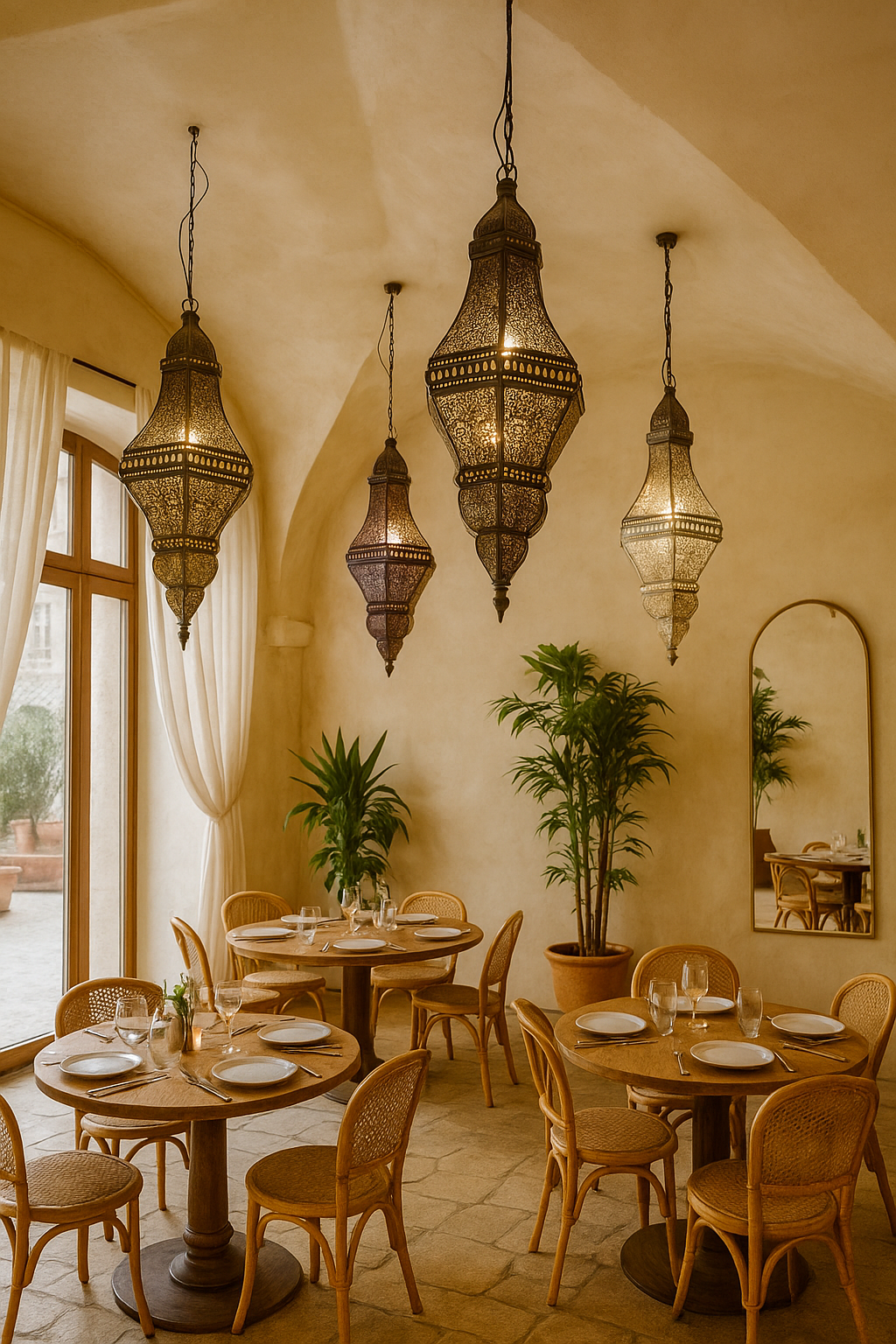 Lifestyle scene of a handcrafted punched metal pendant lamp Ichaa in mixed colours – 80 cm high oriental lighting with intricate patterns, ideal as decorative metal pendant light.