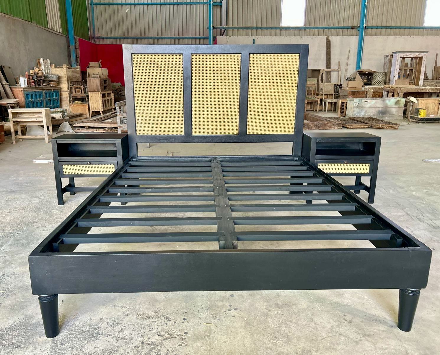 Mango wood night stand with rattan inserts; artisanal rattan furniture, 60 × 35 × 60 cm.