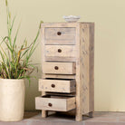 Open drawer image of a chest of 5 drawers made from reclaimed wood with rustic finish; Ibiza style sustainable furniture, 50 × 35 × 110 cm.