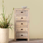 Chest of 5 drawers made from reclaimed wood with rustic finish; Ibiza style sustainable furniture, 50 × 35 × 110 cm.