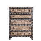 White background image of a hand painted beige-black wooden chest of 5 drawers in vintage style.