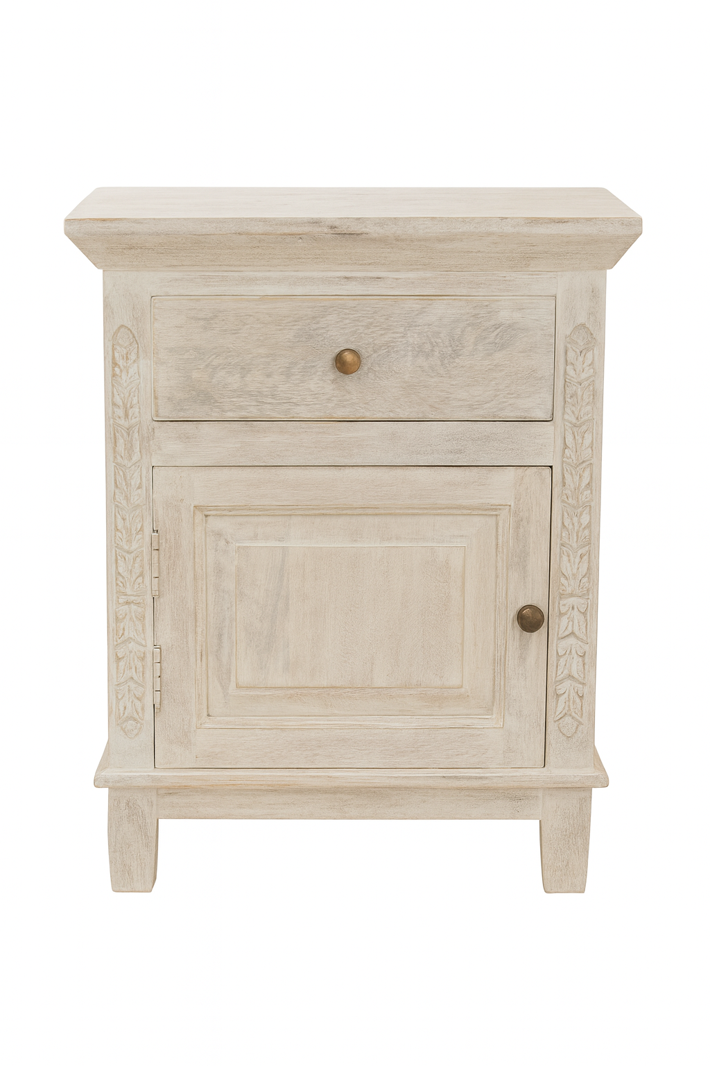 White washed image of a whitewashed nightstand made of mango wood with Mediterranean-style carved detailing and one drawer – Indi bedside table by Om Home & Garden