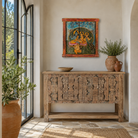 Lifestyle image of a Indian Gods antique reclaimed wood mirror with hand-painted Hindu deities on an authentic vintage Indian wooden mirror frame, 50x50x5cm.