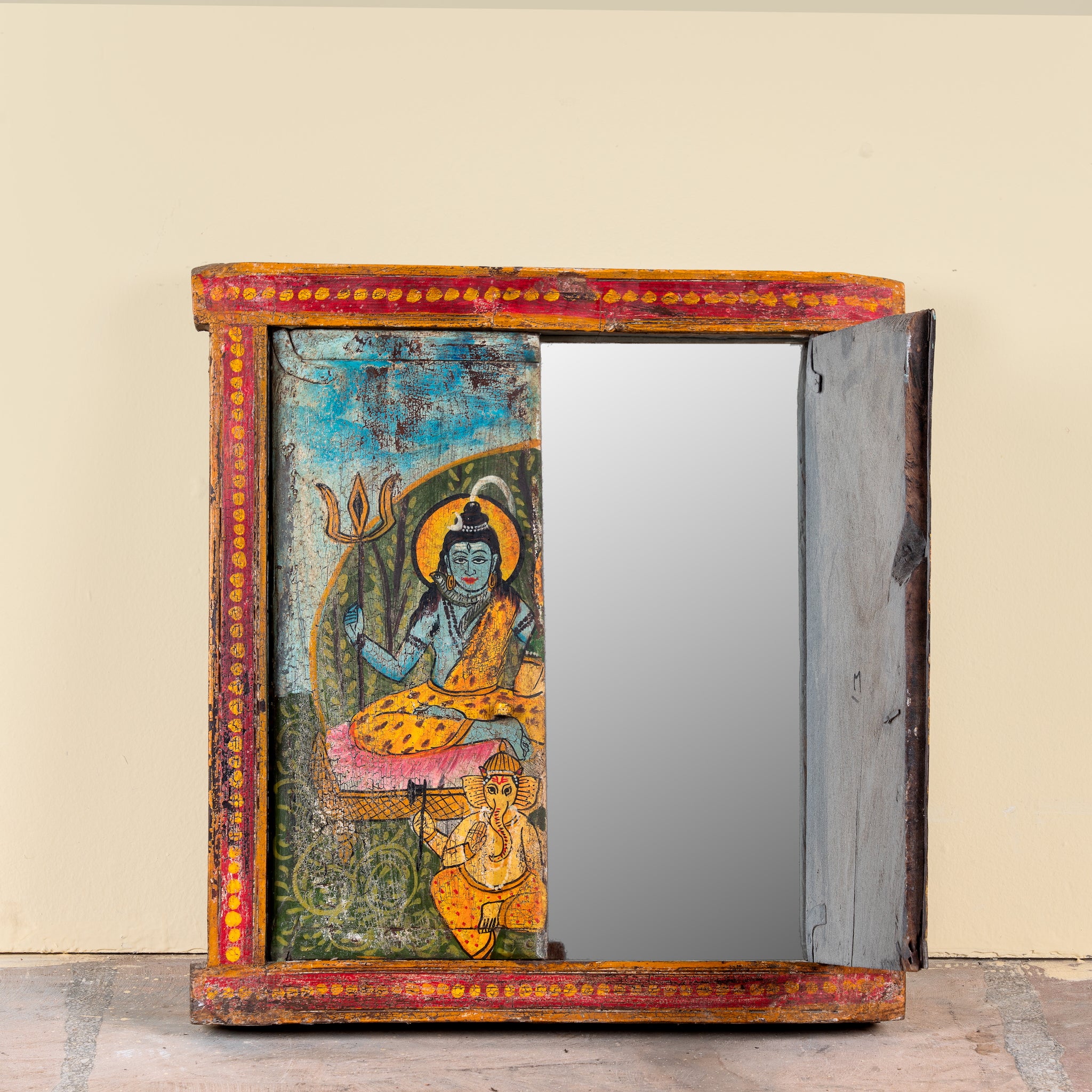 Image showing open wing of a Indian Gods antique reclaimed wood mirror with hand-painted Hindu deities on an authentic vintage Indian wooden mirror frame, 50x50x5cm.