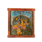 Wite background image of a Indian Gods antique reclaimed wood mirror with hand-painted Hindu deities on an authentic vintage Indian wooden mirror frame, 50x50x5cm.
