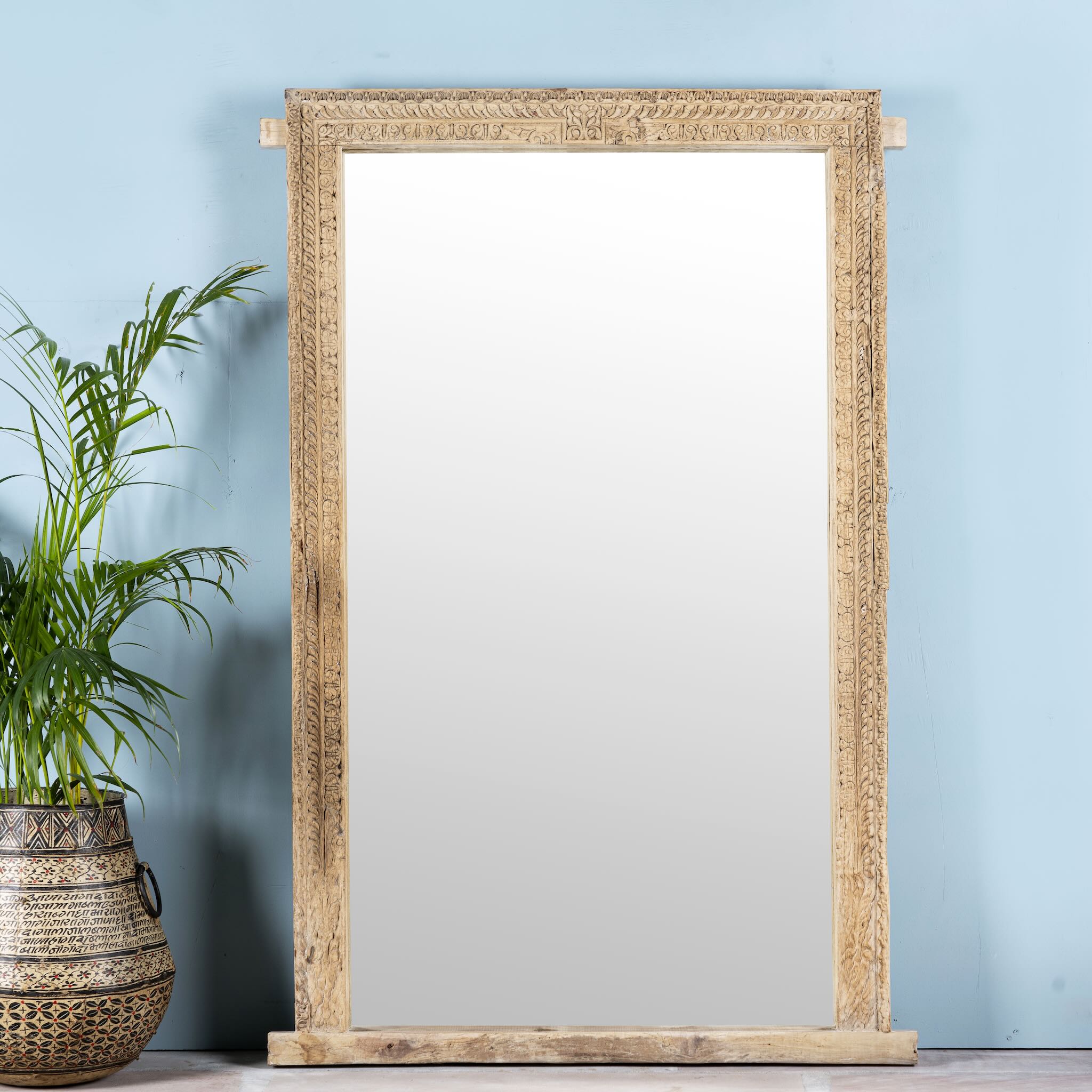 Vadish antique Indian teak wood window mirror with bleached Ibiza-style finish, 156cm