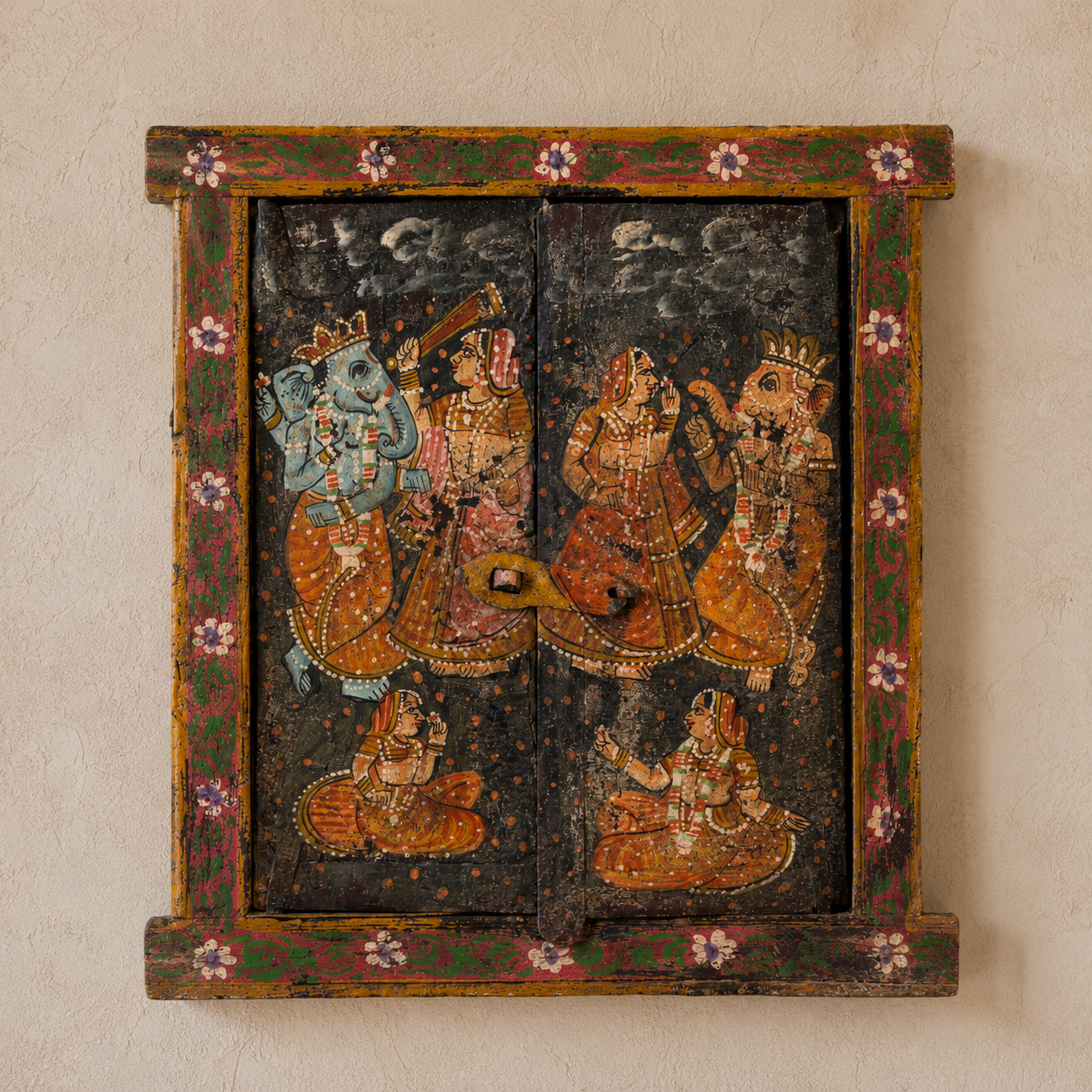 Ganesh antique reclaimed wood mirror with hand-painted Indian artwork on an authentic vintage reclaimed wooden mirror frame, 50x50x5cm.