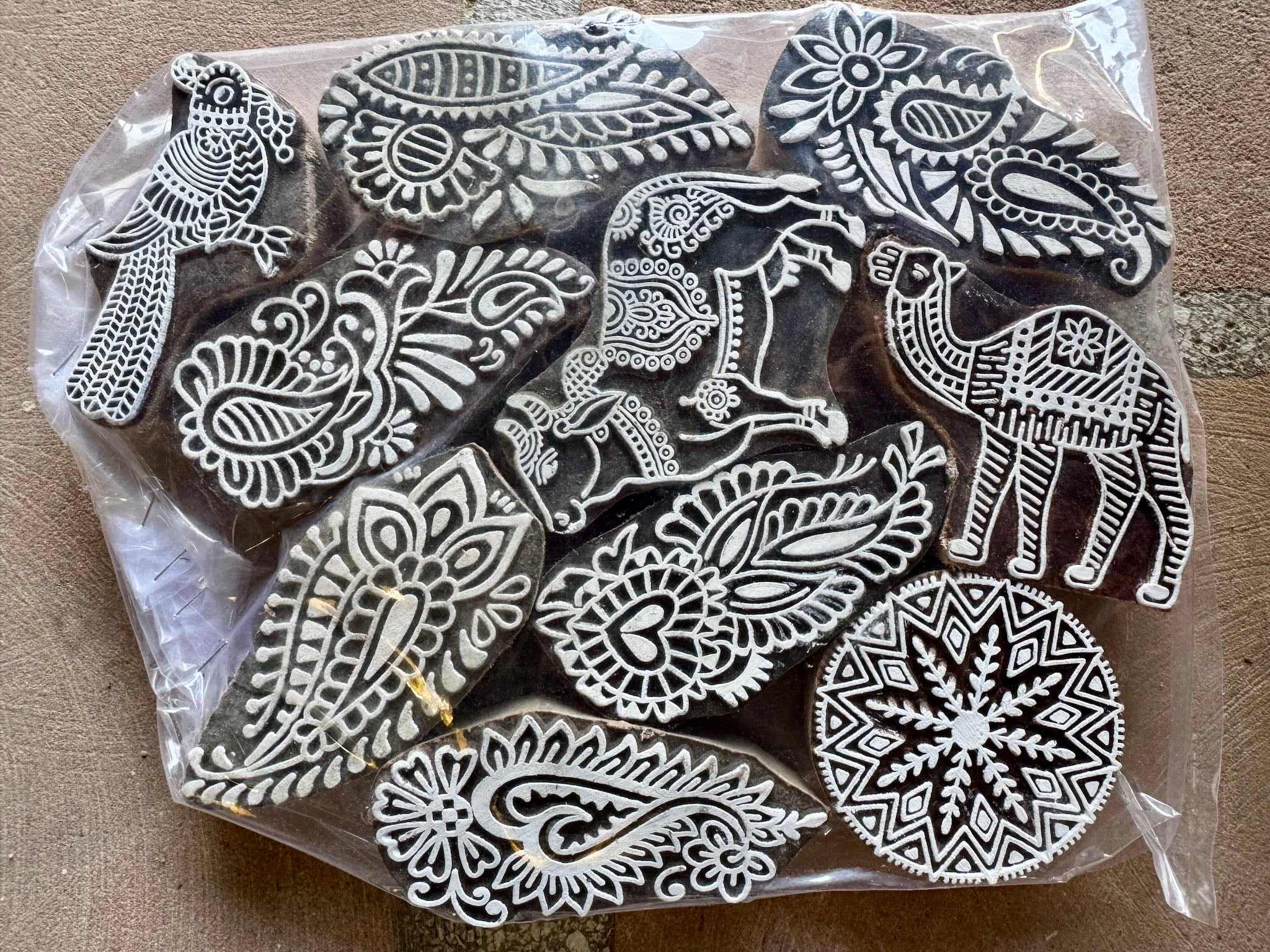 Hand-carved wooden Indian stamp set of 10 pieces featuring floral and animal designs, perfect for printing, crafts, or vintage and India home accessories.