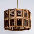 Octagon-shaped wooden pendant lamp with antique brass accents – handcrafted wooden lamp for industrial style lighting in dining or living spaces.