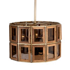 White background image of a octagon-shaped wooden pendant lamp with antique brass accents – handcrafted wooden lamp for industrial style lighting in dining or living spaces.