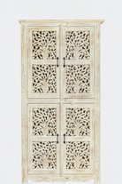 White background image of a hand-carved mango wood cabinet with white-washed finish – artisanal furniture combining Mediterranean design and functional elegance.