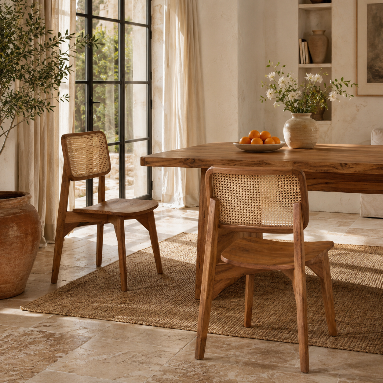 Lifestyle image of a Ishana acacia wood chair with natural rattan backrest, 85cm