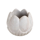 White background image of a hand-carved white marble vase Ishika in a lotus flower shape. A vintage home accessory crafted from natural stone, perfect for vintage home decor and small floral or incense displays.
