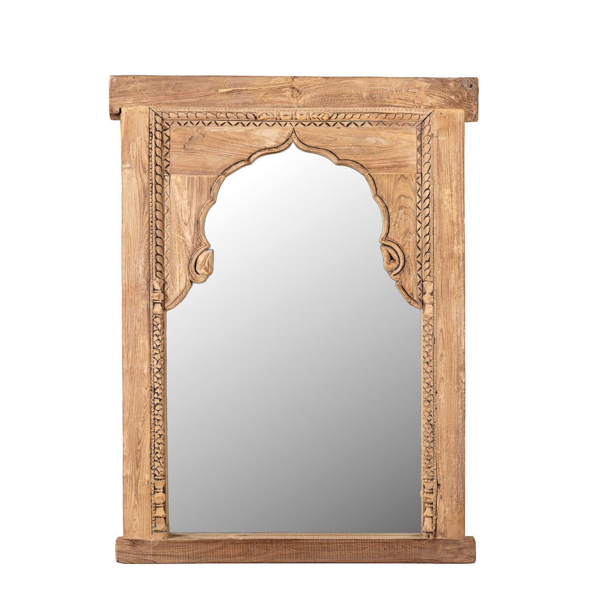 White background image of a Ishvank reclaimed teak wood mirror made from an old Indian window frame with carved details and arched opening, 87x115cm