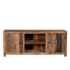 White background image of a Driftwood lowboard made from reclaimed wood with two cabinets, open shelving, and rustic minimalist design, 150 × 40 × 60 cm.