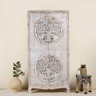 White washed armoire with hand-carved Tree of Life motif, mango wood carved wood furniture with storage, 90 × 40 × 180 cm.