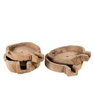 White background image of an antique teak wood oil grinder Jai with natural patina and hand-carved form. A vintage home accessory and unique Indian decoration ideal as a planter or entryway piece in vintage home decor settings.