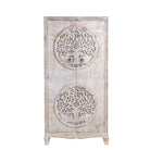White background image of a white washed armoire with hand-carved Tree of Life motif, mango wood carved wood furniture with storage, 90 × 40 × 180 cm.