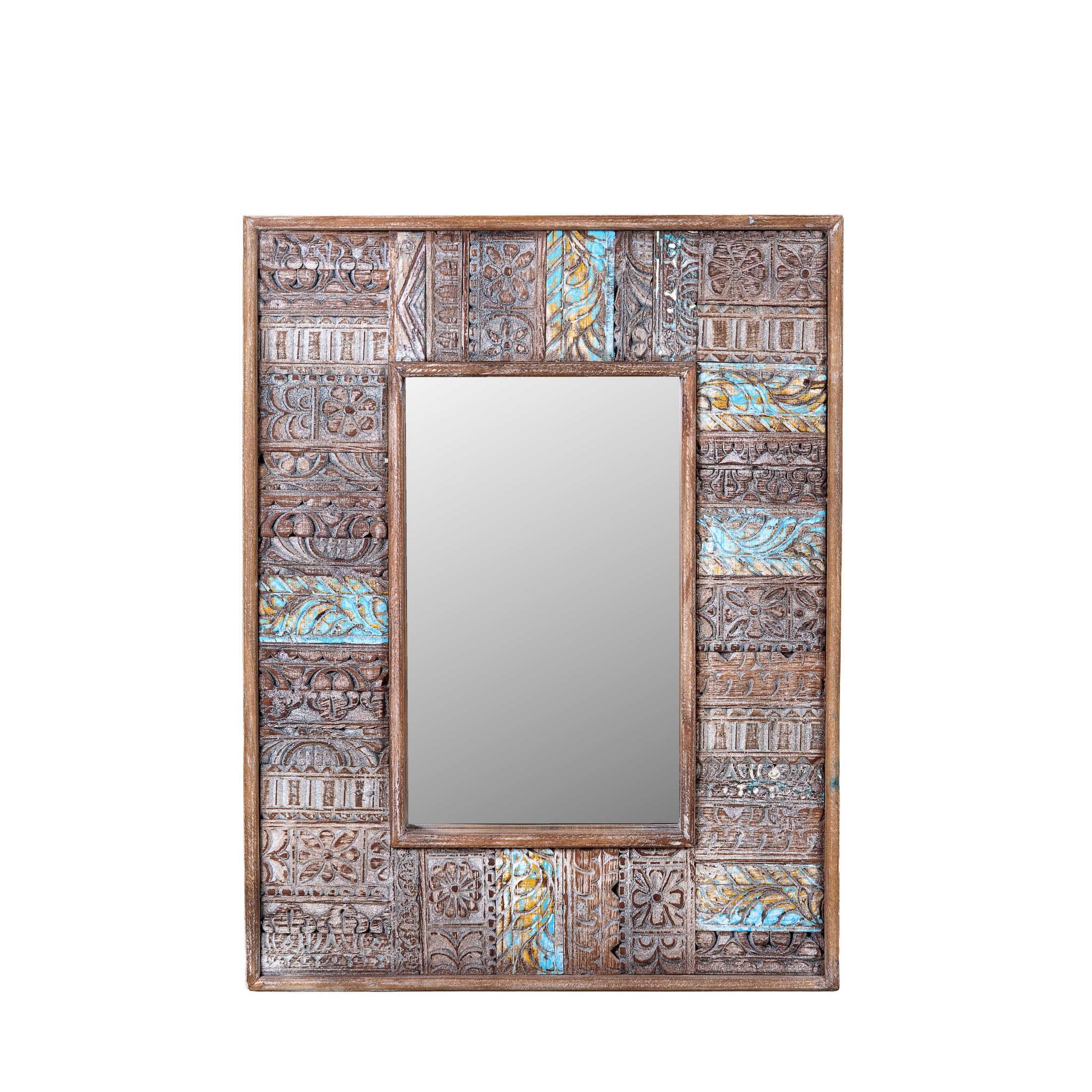 White background image of a rectangular mango wood mirror with reclaimed wood patchwork frame and distressed finish; perfect for vintage home decor and bohemian styling, 64 × 5 × 84 cm.