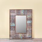 Rectangular mango wood mirror with reclaimed wood patchwork frame and distressed finish; perfect for vintage home decor and bohemian styling, 64 × 5 × 84 cm.