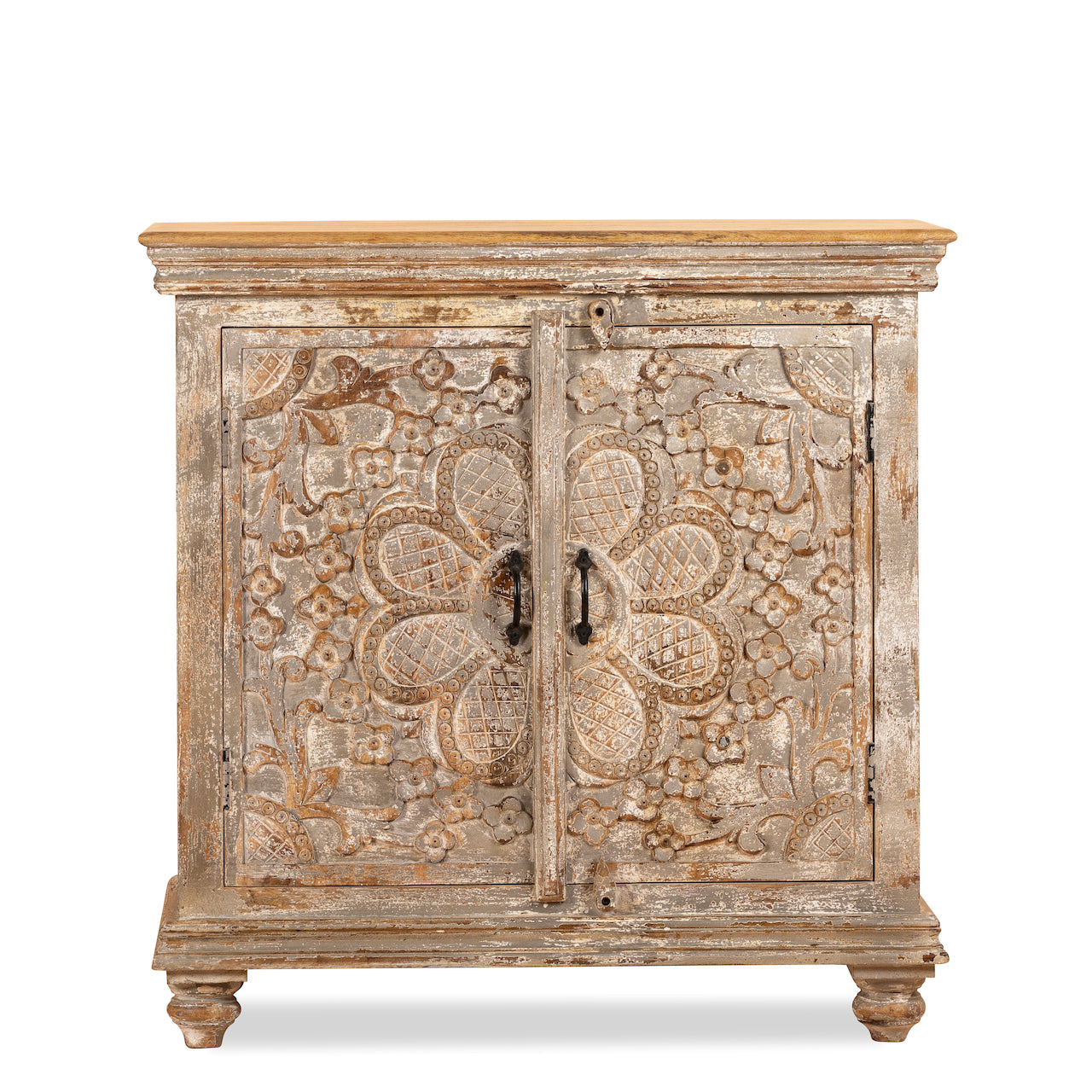 White background image of a square carved wood sideboard with whitewashed floral detailing; ideal as living room furniture, 90 × 90 × 40 cm.